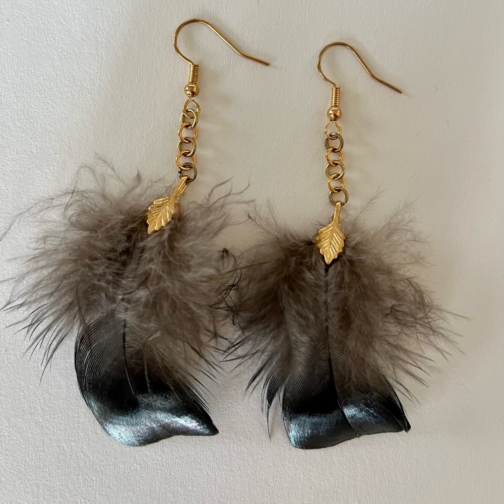 Boho feather earrings - turkey feathers - gold plated brass - handcrafted